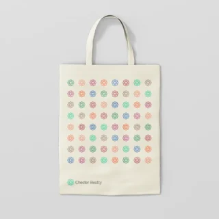 Chester Beatty Tote bag. The bag has 8 groups of 8 different coloured logos.