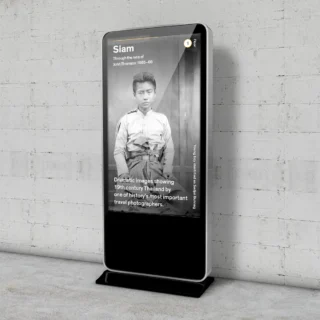 A digital totem at the Chester Beatty Museum showing photos from the Siam exhibition.
