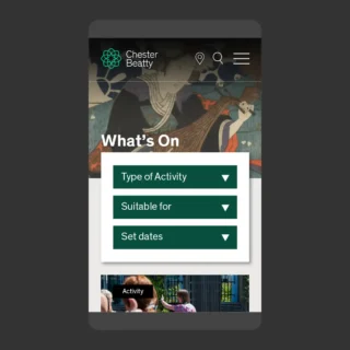 Mobile version of the What's On homepage of the Chester Beatty website.