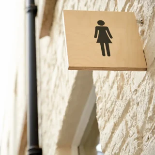 High quality wooden sign featuring the figure of a woman for the toilets in the Chester Beatty Museum.