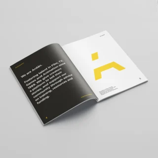 A double page spread from the Ardán brand guidelines showing the logo and text about the brand set in the custom typeface.