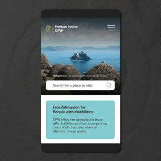 Mobile version of the Heritage Ireland homepage showing a photo of Skellig Michael and a form to search for a place to visit