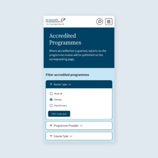 A mobile view of the Accredited Programmes filter on the Teaching Council Website.