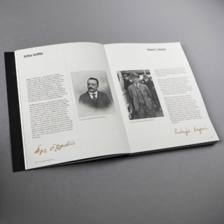 A double page spread, the left page features a biography about Arthur Griffith with an accompanying portrait and signature. The right page features a biography of Robert C. Barton with an accompanying photo and signature.