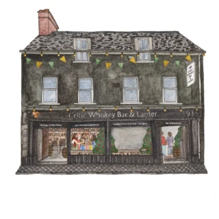 An illustration of the Irish Whiskey Experience building in Killarney. The building is a traditional European style with a grey facade, multiple windows, and a red brick chimney. There are signs on the building, one reads 
