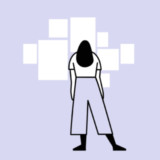 Line drawn illustration of a woman studying research pinned to a wall.