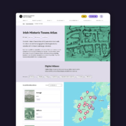 Irish Historical Towns Atlas page, it features a split screen with a map on the side to browse atlas towns. There is also a list view to browse.