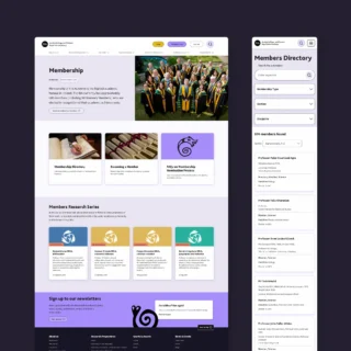 Screenshot of the Membership landing page on desktop and the Members Directory on mobile. The landing page shows various content cards and the directory features a filter.