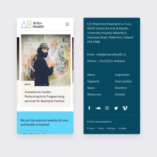 Mobile versions of the Arts+Health website showing the footer and banner area.