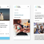 Event listing for 'Bringing the arts to healthcare communities on Culture Night 2020' on Arts+Health website, featuring a woman in a dress made of white balloons against a seascape background