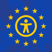 An abstract graphic with the accessibility mark surrounded by the stars of the European Union flag. In the background is an outline of a map of Europe in the blue EU colours.