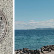 A split photo, the right side shows a person doing a backflip off the diving board in Salthill on a sunny day. The left side is a closeup of an ornate water mains cover. It features the word Uisce in gaelic type along with a triskele spiral pattern in the centre.