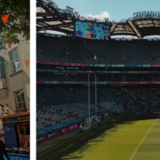 A split photo, the right side features a hurling match taking place in Croke Park between Laois and Offaly. The left side features people walking streets with pubs in Galway city centre.