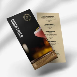 Smithfield New York cocktail menu showing the front cover and inside page listing drinks including a Smokey Basil Margarita, Espresso Martini, and Hazelnut Espresso Martini