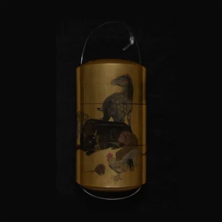 Japanese inrō with a golden lacquer finish, featuring intricate illustrations of zodiac animals including a horse, ox, tiger, rooster, and rat, against a dark background.