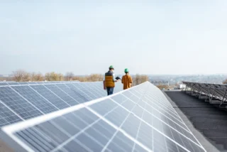 Two people on a roof inspecting solar panels