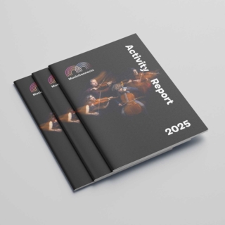 Stack of Music Connects 2025 activity reports with cover design showing musicians in performance
