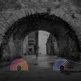 Black and white photo of the Spanish Arch with colourful elements from the Music Connects logo - clearly depicting how the logo is based on the Spanish Arch.