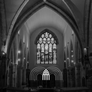 Interior of St Nicholas’ Collegiate Church with stained glass window and Music Connects logo overlay.