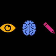 Three bold icons on a black background — a yellow eye, a blue brain, and a pink pencil — representing look, think, and design.