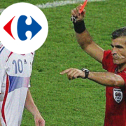 Photoshopped image of a referee showing a red card to a soccer player wearing France’s number 10 jersey, with the player’s face replaced by the Carrefour supermarket logo.