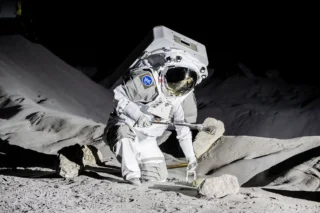 An astronaut training in a facility that recreates the Moon's surface on Earth.
