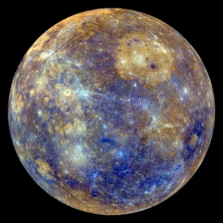 Swathes of iridescent blue, sandy-coloured plains and delicate strands of greyish white, create an ethereal and colourful view of Mercury.