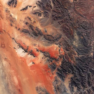Aerial view of Roter Kamm impact crater.