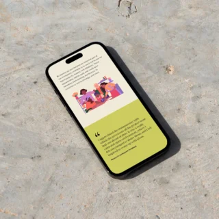 Mobile phone showing a page on the Tilting the Lens website with an illustration and a quote block.
