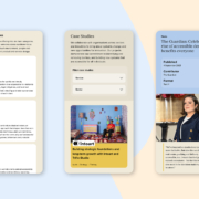 Mobile view of the Tilting the Lens website displayed on three smartphone screens. The first screen shows 'Our core services' with icons and descriptions for Audit, Research, and Strategy. The second screen features a 'Case Studies' section with a filter dropdown and a highlighted project titled 'Building strategic foundations and long-term growth with Intoart and Trifle Studio,' accompanied by a colourful room photo. The third screen presents a news article titled 'The Guardian: Celebrate the rise of accessible design – it benefits everyone,' with publication details, a portrait photo Sinéad Burke in a dark blazer, and a quote about inclusive retail and accessibility.