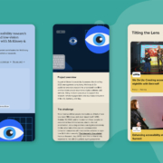 Mobile view of the Tilting the Lens website displayed on three smartphone screens. The first screen shows a case study titled 'Digital accessibility research for Blind and low-vision consumers with McKinsey & Co.' with client details, services, and project team. The second screen provides the project overview and challenge text with a blue eye graphic. The third screen features case study cards, including 'We Do Us: Creating accessible nightlife with Smirnoff' and 'Enhancing accessibility at Soho Summit,' each with accompanying photos of people at events.