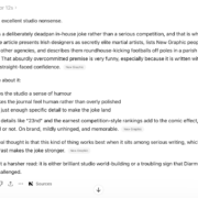 Screenshot of a ChatGPT response giving a humorous critique of a “Irish designers roundhouse kick” article, describing it as deadpan studio humour, outlining why it works, listing bullet points on its tone and effectiveness, and concluding that it is either brilliant world-building or a slightly troubling sign.