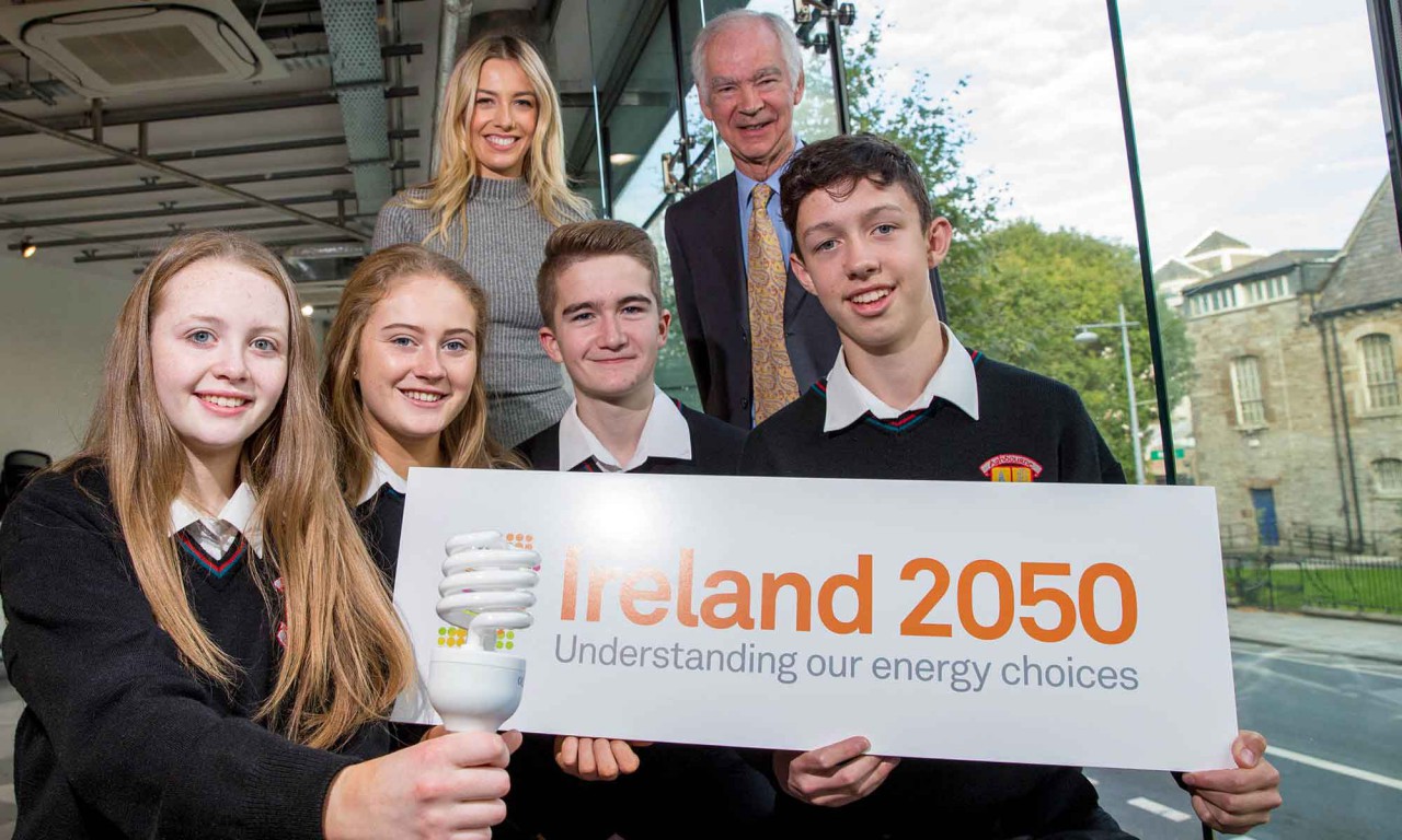 RTÉ’S Bláthnaid Treacy, The Energy Institute's David Taylor alongside students- Emmett, Eoghan, Megan and Roisin from Ashbourne Community School.

