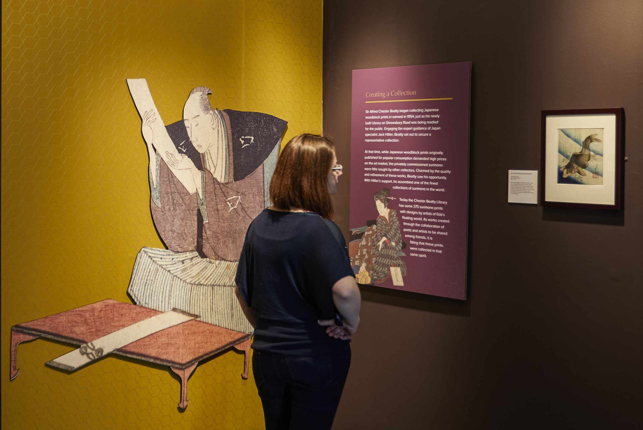A visitor to the exhibition examining a Surimono print. Chester Beatty.
