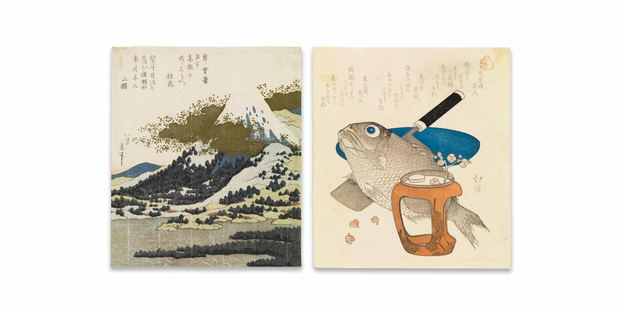 Left: Mt Fuji from Lake Ashi in Hakone. Katsushika Hokusai. Japan, late 1820's. Chester Beatty.
Right: Cherry bream, cleaver, plate and cup stand. Totoya Hokkei. Japan, c. 1827. Chester Beatty.
