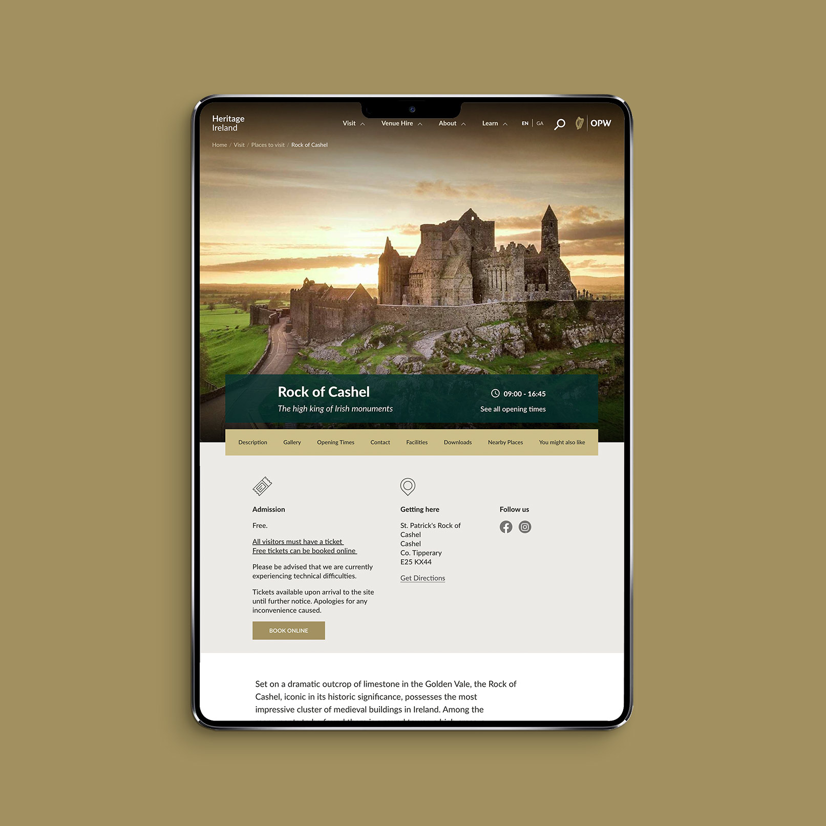 Image of the Rock of Cashel page on the Heritage Ireland website