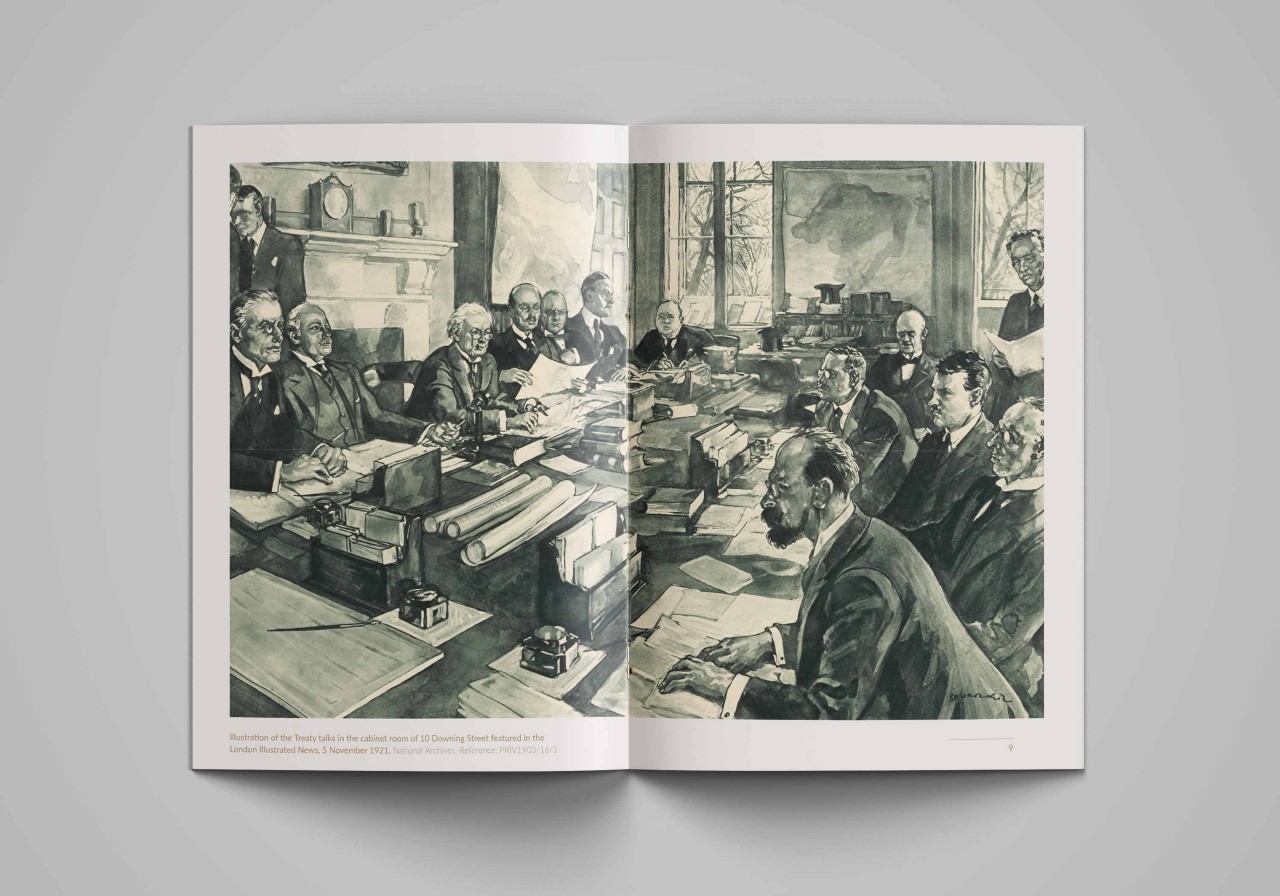 Illustration of the Treaty talks in the cabinet room of 10 Downing Street featured in the London Illustrated News, 5 November 1921.
National Archives. Reference: PRIV1903/16/1
