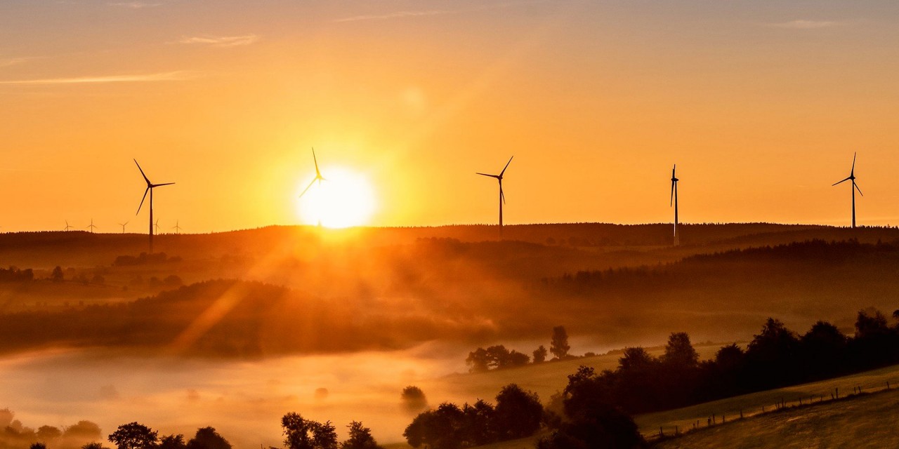 Image of the sun rising behind a wind farm on a hill.